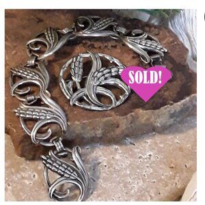 Vintage DANECRAFT 1940s Sterling Link Wheat Design Bracelet and Matching Brooch